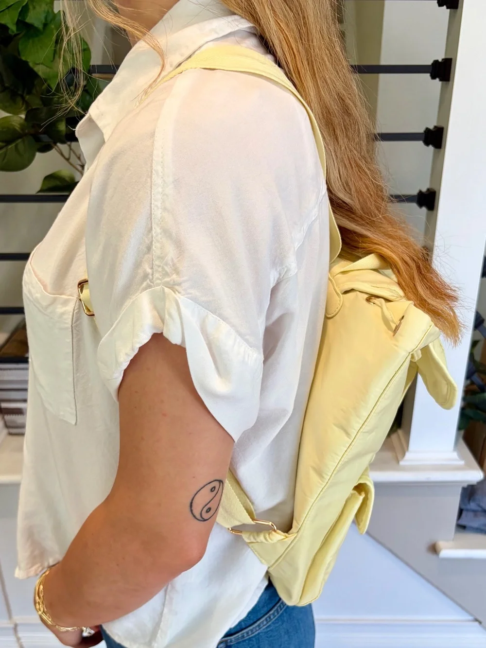 Year of Ours Yellow Nylon Drawstring Backpack Gold Hardware Utility Pockets